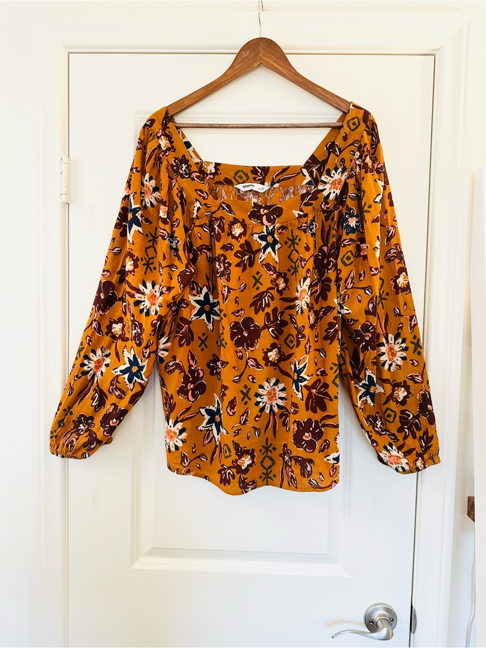 Sonoma Mustard Floral Square-Neck Blouse